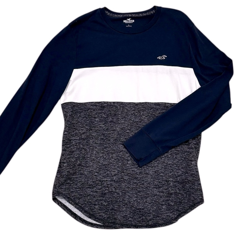 Hollister Navy White Heather Gray Colorblock Long Sleeve Tee